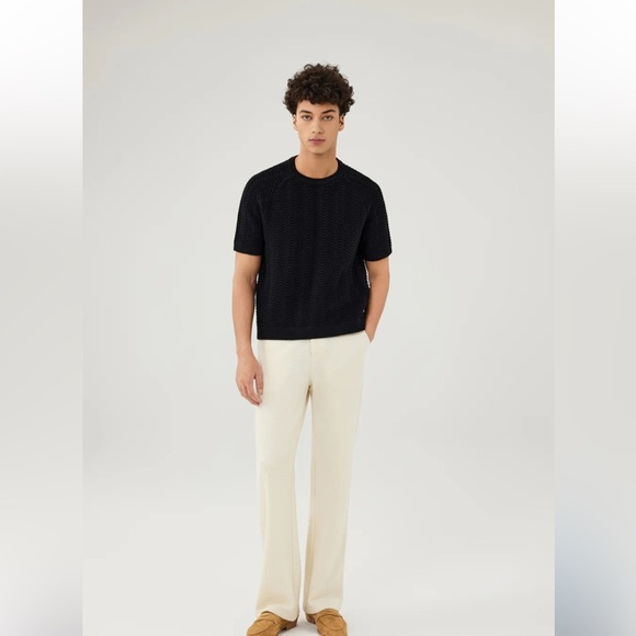 Yitai Men’s Cotton Heavyweight Short Sleeve Sweater. Beautiful Wave Knit Design. - Picture 1 of 16